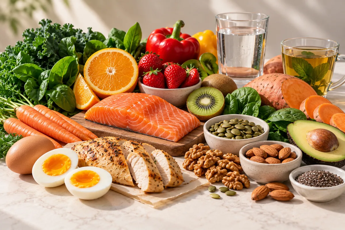 A spread of foods that help scars heal: salmon, eggs, leafy greens, oranges, strawberries, carrots, avocado, nuts and seeds on a kitchen counter